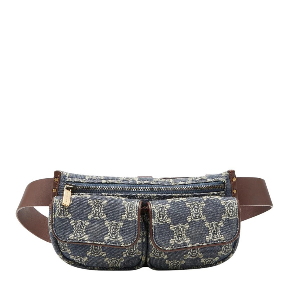 Celine Paris Macadam Body Bag Waist Clutch Blue Brown Denim Leather